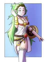  2021 absurd_res amity_blight belt blue_background breasts cosplay disney ear_piercing female green_hair hair hand_in_hair hi_res humanoid humanoid_pointy_ears jewelry kid_icarus long_hair medium_breasts nintendo nns not_furry palutena panty_peek piercing shield signature simple_background smile solo the_owl_house touching_hair witch_(the_owl_house) yellow_eyes 