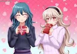  2girls alternate_costume blonde_hair blush byleth_(female)_(fire_emblem) byleth_(fire_emblem) closed_eyes corrin_(female)_(fire_emblem) corrin_(fire_emblem) fire_emblem fire_emblem:_three_houses fire_emblem_fates hairband heart highres long_hair looking_at_viewer medium_hair multiple_girls patdarux pointy_ears red_eyes smile sweater valentine 