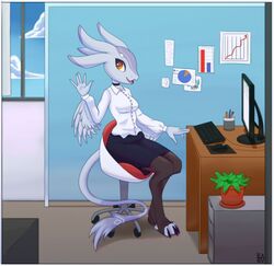  3_toes 4_ears anthro avali avian bottomwear breasts chair clothing cloud computer computer_keyboard computer_mouse computer_screen desk dragon electronics feathered_arms feathered_dragon feathered_scalie feathers feet female furniture gesture hi_res legwear looking_at_viewer microsoft microsoft_excel microsoft_office multi_ear mythological_creature mythological_scalie mythology naaka non-mammal_breasts office office_chair on_chair pantyhose pencil_holder plant scalie sitting sitting_on_chair skirt smile solo table tail tail_feathers toes topwear vinael waving waving_at_viewer wings yellow_eyes 