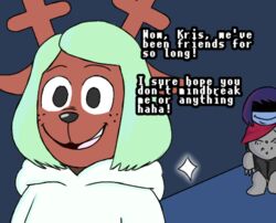  ambiguous_gender anonymous_artist anthro antlers armor clothing deer deltarune duo english_text female freckles horn human kris_(deltarune) low_res mammal mind_break monster noelle_holiday oblivious save_point snowgrave text undertale_(series) 