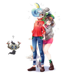  1boy ? blue_pants blush boots brown_footwear cardigan cocoloco commentary_request dress female flying_sweatdrops gloria_(pokemon) green_headwear green_legwear grey_cardigan grookey hat hiding hiding_behind_another human_shield open_mouth pants phantump pink_dress pokemon pokemon_(creature) pokemon_swsh red_shirt scared scorbunny shirt simple_background sleeves_rolled_up sobble socks starter_pokemon_trio tam_o&#039;_shanter tearing_up victor_(pokemon) wavy_mouth white_background 