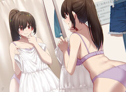  ass back bare_arms blush bra breasts brown_hair clothes_in_front cowboy_shot dress eyebrows_hidden_by_hair female hair_between_eyes hand_on_own_chin holding holding_clothes holding_dress indoors large_breasts long_hair looking_at_mirror mirror original panties ponytail purple_bra purple_panties sidelocks solo suzuki_nene sweatdrop thinking underwear white_dress 