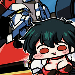  armor black_hair breasts chibi cleavage d-1_devastator female hoshino_nami_(d-1_devastator) jazz_jack large_breasts looking_down lowres mecha open_mouth red_eyes robot short_hair shoulder_armor vector_versus yellow_eyes 