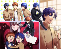  3boys aged_down asura_(asr4000) black_hair blue_eyes blue_hair body_markings corruption cup dark_persona dark_sakura emiya_shirou evil_smile fate/hollow_ataraxia fate_(series) female gakuran glasses hair_ribbon hammer highres holding holding_cup homurahara_academy_school_uniform long_hair matou_sakura matou_shinji multiple_boys orange_hair red_ribbon ribbon ryuudou_issei school_uniform shadow_(fate/stay_night) short_hair smile teacup wavy_hair white_hair yellow_eyes 