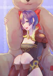  bad_id bad_pixiv_id bernadetta_von_varley breasts cleavage commentary_request dress earrings female fire_emblem fire_emblem:_three_houses grey_eyes highres jewelry knees_up long_sleeves open_mouth purple_hair riou_(pooh920) short_dress sitting solo stuffed_animal stuffed_toy teddy_bear 