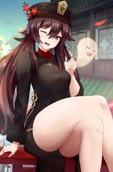  ;d absurdres bad_id bad_pixiv_id bare_legs black_headwear black_shorts boo_tao_(genshin_impact) breasts brown_hair building crossed_legs female flower genshin_impact ghost highres hu_tao_(genshin_impact) jewelry legs long_sleeves looking_at_viewer one_eye_closed open_mouth outdoors petals red_eyes ring sana!rpg short_shorts shorts sitting sitting_on_fence sky smile solo thick_thighs thighs twintails 