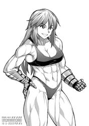  abs bare_legs biceps breasts cleavage_cutout clothing_cutout deltoids ebr-kii female hand_on_own_hip large_breasts legs long_hair looking_away metal_gloves muscular muscular_female original singlet smile solo thick_thighs thighs thong 