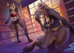  2021 anthro athletic_wear belly blood bodily_fluids boxing bulge canid canine canis clothing duo fan_character female fighting_ring gym gynomorph herm_(lore) intersex kangaroo kyra_(greyshores) legend_of_ahya macropod mammal marsupial murana_wolford_(darkflame-wolf) navel nosebleed scar shocked size_difference sport thepakshi torn_clothing wolf wounded 