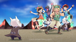  &gt;_&lt; 2boys alolan_marowak artist_name backpack bag beanie blonde_hair blue_tank_top blush brown_bag cloud cocoloco collarbone commentary_request day elio_(pokemon) female green_headwear hand_up happy hat hiker_(pokemon) holding holding_poke_ball multiple_boys open_mouth outdoors poke_ball poke_ball_(basic) pokemon pokemon_(creature) pokemon_usum pose red_headwear salazzle selene_(pokemon) shorts sky sparkle tank_top teeth tongue upper_teeth_only white_shorts wristband 