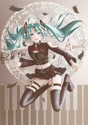  abs absurdres ahoge alternate_costume aqua_eyes aqua_hair arm_tattoo belt bkni_11 black_belt black_shirt black_thighhighs boots choker commentary feathers female flower hatsune_miku high_heel_boots high_heels highres instrument lace-trimmed_sleeves lace-up_top lace_trim long_hair looking_at_another looking_at_viewer midriff miniskirt musical_note navel open_mouth piano_keys red_flower red_rose rose shirt shrug_(clothing) skindentation skirt smile solo staff_(music) tattoo thigh_strap thighhighs thighs treble_clef twintails very_long_hair vocaloid wide_sleeves 