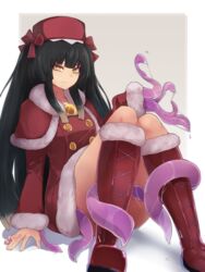  arm_support big_hair black_hair boots buttons capelet closed_mouth commentary_request commission dress female highres hiruko_(mon-musu_quest!) long_hair long_sleeves looking_at_viewer mon-musu_quest! mon-musu_quest:_paradox red_capelet red_dress red_footwear sitting skeb_commission solo tentacle yellow_eyes yonaga_san 