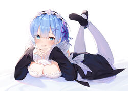  apron black_dress black_footwear black_sleeves blue_eyes blue_hair blush breasts cleavage closed_mouth commentary detached_sleeves dress feet_up female flower_knot frilled_sleeves frills hair_ornament hair_over_one_eye hair_ribbon head_rest highres large_breasts long_sleeves looking_at_viewer lying maid maid_headdress medium_breasts mokew on_stomach pantyhose pink_ribbon re:zero_kara_hajimeru_isekai_seikatsu rem_(re:zero) ribbon roswaal_mansion_maid_uniform shoes short_hair sleeves_past_wrists smile solo the_pose white_background white_pantyhose x_hair_ornament 