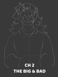  anthro clothing english_text hair hair_over_eyes hat headgear headwear hi_res male mammal monochrome nimzy smile solo t_(nimzy) text topwear 