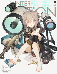  absurdres ahoge barefoot blush bolt_action bullet camera canon_(company) cheytac_m200 chinese_commentary commentary_request digital_camera earbuds earbuds_around_neck earphones english_text feet female girls&#039;_frontline grey_eyes grey_hair gun headphones highres holding holding_camera m200_(girls&#039;_frontline) messy_hair open_mouth panties pantyshot rifle scope shoes sidelocks sitting sniper_rifle socks solo stuffed_animal stuffed_shark stuffed_toy sweat telescope tianliang_duohe_fangdongye toes tripod underwear unworn_socks weapon 