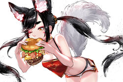  animal_ears bad_id bad_twitter_id bare_shoulders black_hair breasts burger burger_malfunction chinese_clothes choker commentary dudou eating english_commentary eyeshadow facial_mark female flower food food_in_mouth fox_ears fox_girl fox_tail holding holding_food hu-er_(robot_cat) leaning_forward long_hair makeup medium_breasts navel one_eye_closed orange_eyes original pink_flower red_eyeshadow robot_cat_(robotcatart) short_shorts shorts solo standing stomach tail thick_eyebrows twintails whisker_markings white_shorts yellow_choker 