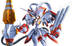  breasts clenched_hand darling_in_the_franxx female holding holding_polearm holding_weapon horns huge_weapon lance mecha orange_eyes photoshop_(medium) polearm robot single_horn solo strelizia taedu weapon white_background 