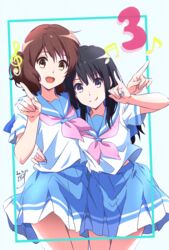  2girls :d announcement_celebration beamed_sixteenth_notes black_hair blue_skirt brown_eyes brown_hair dated eighth_note hand_up hands_up hibike!_euphonium highres holding index_finger_raised kitauji_high_school_uniform kousaka_reina long_hair looking_at_viewer medium_hair midriff_peek miniskirt mouthpiece multiple_girls musical_note neckerchief nii_manabu oumae_kumiko pink_neckerchief pinky_out pleated_skirt purple_eyes sailor_collar school_uniform serafuku shirt short_sleeves signature skirt smile staff_(music) straight_hair summer_uniform torso_grab treble_clef white_shirt 