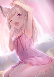  absurdres animal_ear_fluff animal_ears animare commentary_request female highres long_hair nanashi_inc. nightgown off_shoulder one_eye_closed open_mouth paw_print pink_nightgown purple_eyes rutinium shiromiya_mimi sleepy sleeveless stretching tears virtual_youtuber white_hair yawning 