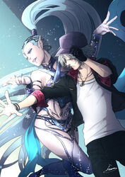  1boy adjusting_clothes adjusting_headwear armband bad_hands black_jacket black_pants blue_background blue_eyes blue_hair body_markings casting_spell cropped_jacket earrings facial_mark female final_fantasy final_fantasy_vii final_fantasy_vii_remake fingernails forehead_mark gloves halterneck hat high_ponytail highres hoop_earrings jacket jewelry leslie_kyle long_hair moriiiiiiiiiinn nail_polish navel necklace outstretched_arm pants parted_bangs parted_lips pointy_ears ponytail sharp_fingernails shirt shiva_(final_fantasy) short_hair single_glove smile snowflakes thighs very_long_hair white_shirt yellow_eyes 