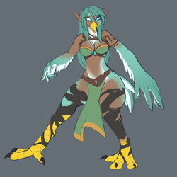  1:1 anthro avian avian_feet beak bird blue_eyes bottomwear bra breasts claws clothed clothing dark_body dark_skin elf feather_growth feather_hands feathers female fused_toes green_body green_feathers green_hair grey_background growth hair humanoid humanoid_to_anthro leggings legwear loincloth lyn_(z-ray) midriff nintendo rito scuted_legs scutes sepisnake simple_background solo species_transformation tattoo the_legend_of_zelda toe_claws torn_clothing torn_leggings torn_legwear transformation underwear winged_arms wings 