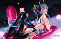  arknights ass black_bra black_panties black_thighhighs bra breasts chromatic_aberration commentary commission dragon_girl dragon_horns dragon_tail feet feet_up female from_behind full_body garter_belt grey_hair highres horns legs liskarm_(arknights) looking_at_viewer looking_back lying nail_polish no_shoes on_stomach panties ponytail septoleaf small_breasts solo stirrup_legwear tail thighhighs toeless_legwear toenail_polish toenails toes twitter_username underwear yellow_eyes 