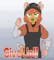  anthro clothing female fist_pump flowerpigeon73 fondue_(flowerimh) green_eyes green_mouth hair mammal matsuoka_shuzo meme mouse murid murine notched_ear overalls reaction_image rodent short_hair simple_background solo 