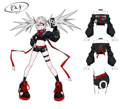  bare_shoulders belt belt_buckle black_collar black_footwear black_shirt black_shorts black_socks buckle can choker collar collarbone crop_top crop_top_overhang dive_to_zone energy_drink eyepatch female grey_hair hair_ornament hand_on_own_hip hand_up headphones headphones_around_neck highres holding holding_can lam_(ramdayo) legs_apart long_hair long_legs long_sleeves midriff multiple_views navel off-shoulder_shirt off_shoulder product_girl puffy_sleeves red_belt red_eyes reference_sheet shirt shoes short_shorts shorts simple_background smile sneakers socks spiked_collar spiked_hair spikes standing stomach thigh_strap thighs tongue tongue_out twintails white_background zone_(energy_drink) zonko 