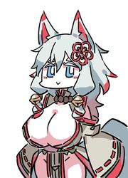  absurdres alasharx animal_ears bell blue_eyes breasts bright_pupils chibi chinese_commentary cleavage colored_eyelashes commentary_request cowboy_shot detached_sleeves female fox_ears fox_girl fox_tail grey_hair grey_kimono grey_tail groin hair_bell hair_between_eyes hair_ornament highres huge_breasts japanese_clothes jingle_bell kimono long_hair long_sleeves multicolored_hair nazuna_(sequel_awake) no_panties pelvic_curtain red_hair ribbon-trimmed_sleeves ribbon_trim sequel_(series) sequel_awake simple_background sleeves_past_fingers sleeves_past_wrists solo standing tail thighs two-tone_hair white_background white_pupils wide_sleeves 