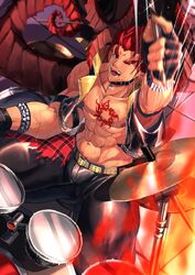  1boy abs alternate_costume bara bellsaltr chest_tattoo collarbone curled_horns demon_boy demon_horns drumming horns ifrit_(housamo) looking_at_viewer male_focus muscular muscular_male nipples pectorals pointy_ears red_eyes red_hair solo spiked_hair tattoo thick_thighs thighs tokyo_afterschool_summoners topless_male 