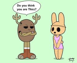  animal_crossing animate_inanimate anthro antlers cartoon_network clothing coco_(animal_crossing) crossed_arms crossover dialogue dress duo english_text female footwear gyroid horn lagomorph leporid mammal nintendo penny_fitzgerald rabbit shoes signature simple_background speech_bubble text the_amazing_world_of_gumball thin_legs thin_thighs tonytoran 