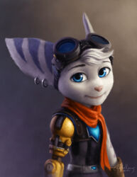  2021 anthro blue_eyes breasts clothed clothing digital_media_(artwork) ear_piercing ear_ring eyebrows eyelashes eyewear eyewear_on_head female fur goggles goggles_on_head hair irbeus lombax mammal piercing ratchet_and_clank ring_piercing rivet_(ratchet_and_clank) smile solo sony_corporation sony_interactive_entertainment striped_body striped_fur stripes white_body white_fur white_hair 