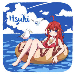  ahoge asou_(asabu202) bikini bikini_top_only bird blue_eyes border breasts bubble_tea bubble_tea_challenge character_name cloud cloudy_sky commentary cup day disposable_cup drinking drinking_straw drinking_straw_in_mouth female go-toubun_no_hanayome hair_ornament highres innertube large_breasts long_hair looking_at_viewer nakano_itsuki object_on_breast ocean photoshop_(medium) red_hair seagull sky solo star_(symbol) star_hair_ornament swim_ring swimsuit white_border 