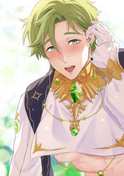  1boy 7go3_nc blurry blush bokeh depth_of_field earrings gloves green_eyes green_hair highres jewelry linked_piercing male_focus muscular muscular_male nipple_chain nipple_jewelry nipple_piercing nipples nu_carnival olivine_(nu_carnival) piercing priest tongue tongue_out tongue_piercing 