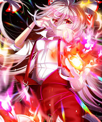  absurdres black_background breasts burning collared_shirt commentary dynamic_pose female fire fireball fujiwara_no_mokou hand_on_own_face highres hime_cut huang_j_xuan long_hair long_sleeves motion_lines ofuda pants red_eyes red_pants shirt sleeves_rolled_up small_breasts smirk suspenders touhou touhou_cannonball unbuckled very_long_hair white_hair white_shirt 