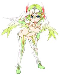  breasts breasts_apart feathered_wings female frfr full_body garter_straps green_hair headband highres leaning_forward looking_at_viewer navel original pointy_ears short_hair simple_background small_breasts solo thighhighs tongue tongue_out white_background wings 