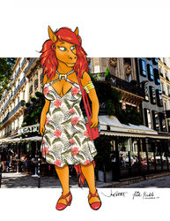  2023 anthro arm_accessory breasts city cityscape cleavage clothed clothing dress equid equine female footwear green_eyes hair hi_res high_heeled_shoes high_heels horse jewelry mammal necklace orange_body outside photo_background photography_(artwork) pony purse rabbi-tom red_hair red_shetland richard_konkle shetland_pony shoes sign smile solo 