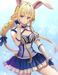  alice_zuberg alternate_costume animal_ears blonde_hair blue_bow blue_dress blue_eyes blue_gloves bow braid breasts cleavage cleavage_cutout clothing_cutout dress fake_animal_ears female fingerless_gloves gloves hairband hairbow highres long_hair looking_at_viewer medium_breasts rabbit_ears solo sword_art_online sword_art_online:_alicization very_long_hair white_hairband yappo_(point71) 