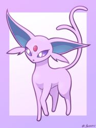  2022 3:4 3_toes ambiguous_gender artist_name black_nose blue_inner_ear colored conditional_dnp digital_media_(artwork) eeveelution espeon eyelashes facial_tuft feet felid feline feral forehead_gem forked_tail front_view fur gem generation_2_pokemon hair hexuru hi_res kemono mammal monotone_body monotone_fur monotone_hair monotone_tail nintendo paws pink_body pink_ears pink_fur pink_tail pokemon pokemon_(species) portrait purple_background purple_sclera quadruped raised_leg shaded signature simple_background solo standing tail text three-quarter_portrait three-quarter_view toes tuft unusual_anatomy unusual_tail white_background white_eyes 