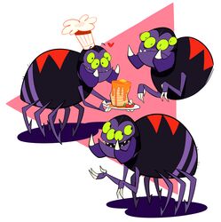  arachnid arthropod black_body black_skin cartoon_network chef_hat clothing colliholly fangs food hat headgear headwear heart_symbol hi_res jeff_the_spider multi_eye pancake purple_body purple_skin smile solo spider teeth the_grim_adventures_of_billy_and_mandy 