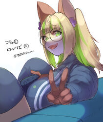  2022 5_fingers anthro bangs biped blonde_hair blue_clothing blue_legwear blue_thigh_highs blunt_bangs breasts brown_body brown_ears brown_fur brown_hands canid canine clothed clothing controller countershade_face countershading cute_fangs dark_legwear dark_thigh_highs digital_media_(artwork) eyewear female female_anthro fingers fox fur game_controller gesture glasses green_eyes green_hair green_highlights green_pupils hair hand_gesture highlights_(coloring) humanoid_hands japanese_text kemono legwear light_body light_nose long_hair long_sleeves mammal monotone_clothing monotone_hands monotone_inner_ear monotone_legwear monotone_thigh_highs multicolored_body multicolored_fur multicolored_hair open_mouth open_smile pink_inner_ear pink_tongue pupils round_glasses simple_background smile solo teteteko text thigh_highs tongue translated tsune_kitaki two_tone_face two_tone_hair v_sign vtuber white_background white_body white_countershading white_face white_fur white_nose yellow_body yellow_face yellow_fur 