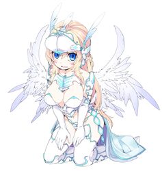  armor bikini_armor blonde_hair blue_eyes blush cape elbow_gloves feathered_wings female frfr full_body gloves highres long_hair looking_at_viewer navel open_mouth original pointy_ears simple_background solo thighhighs white_background white_gloves white_thighhighs white_wings wings 