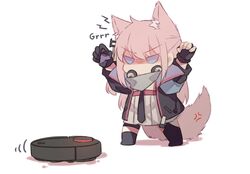  anger_vein animal_ears armband arms_up black_jacket chibi female fingerless_gloves girls&#039;_frontline gloves growling highres jacket long_hair long_sleeves necktie pink_hair robotic_vacuum_cleaner scarf simple_background solo st_ar-15_(girls&#039;_frontline) standing tail vacuum_cleaner white_background yuutama2804 