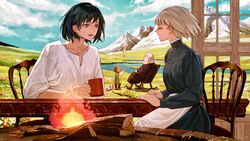  2girls 3others aged_up animal apron black_hair blonde_hair blue_eyes canine chair closed_eyes cloud cloudy_sky collarbone commentary cup day denn_(naluse_flow) fire firewood grass heen highres holding holding_cup howl_(howl_no_ugoku_shiro) howl_no_ugoku_shiro lolicon long_sleeves looking_at_another markl mountain mountainous_horizon multiple_girls multiple_others open_mouth outdoors plain pool prince_justin rocking_chair shirt short_hair sitting sky smile sophie_(howl_no_ugoku_shiro) symbol-only_commentary table waist_apron water waving white_shirt witch_of_the_waste wood 