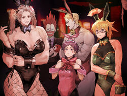  2boys 3girls absurdres animal_ears bad_id bad_pixiv_id black_hair black_leotard blonde_hair bow bowtie breasts cleavage commentary cowboy_shot dorohedoro ebisu_(dorohedoro) en_(dorohedoro) fake_animal_ears fishnet_pantyhose fishnets formal grey_hair highleg highleg_leotard highres kikurage_(dorohedoro) korean_commentary leotard looking_at_viewer multiple_boys multiple_girls muscular muscular_female muscular_male nikaidou_(dorohedoro) noi_(dorohedoro) pantyhose park_ongjol parted_lips playboy_bunny profile purple_eyes rabbit_ears red_eyes red_hair shin_(dorohedoro) smile suit twintails wrist_cuffs 