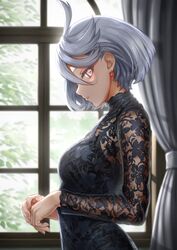  absurdres ahoge alternate_costume black_shirt breasts curtains earrings female floral_print from_side grey_eyes grey_hair gundam gundam_suisei_no_majo highres jewelry long_sleeves looking_at_viewer looking_to_the_side miorine_rembran nonoa-cg parted_lips see-through see-through_sleeves shirt short_hair small_breasts solo upper_body window 