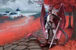  2021 anthro armor autumn castle digital_drawing_(artwork) digital_media_(artwork) dragon european_mythology guardian horn knight landscape male melee_weapon membrane_(anatomy) membranous_wings mythological_creature mythological_scalie mythology red_autumn scalie solo sunny_way sword tail warrior weapon western_dragon wings 