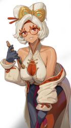  bare_shoulders black_gloves blush breasts cbmus eyeshadow eyewear_on_head female glasses gloves hair_bun hair_ornament hair_stick large_breasts leaning_forward looking_at_viewer makeup pantyhose purah red-framed_eyewear red_eyes red_eyeshadow round_eyewear sheikah short_hair smile solo the_legend_of_zelda the_legend_of_zelda:_tears_of_the_kingdom white_hair 