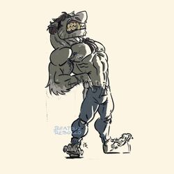  1:1 abs anthro beatriz_rebollo bottomwear canid canine clothing hi_res male mammal muscular muscular_male mythological_canine mythological_creature mythology nathan_(beatriz) nipples pants pecs solo stretching_back were werecanid werecanine werewolf 