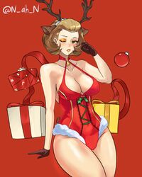  animal_ears antlers bare_shoulders bell blush box breasts brown_eyes brown_gloves brown_hair christmas_ornaments cleavage cowboy_shot eyeshadow fake_antlers female fire_emblem fire_emblem:_three_houses fire_emblem_heroes gift gift_box gloves hair_ornament hair_slicked_back highres horns large_breasts leotard lipstick looking_at_viewer makeup manuela_casagranda mature_female mistletoe mole mole_under_eye n_ah_n official_alternate_costume open_mouth orange_eyeshadow orange_lips plunging_neckline red_ribbon reindeer_antlers ribbon short_hair simple_background smile solo thighs 