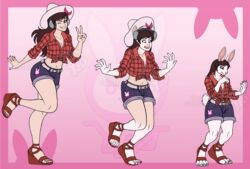  anthro blizzard_entertainment bottomwear breasts brown_hair carolzilla claws clothed clothing cowboy_hat d.va_(overwatch) digital_media_(artwork) electronics female flannel_shirt footwear fully_clothed fur gesture hair hand_gesture hat headgear headphones headwear high_heeled_sandals high_heels human human_to_anthro lagomorph leporid mammal midriff on_one_leg one_eye_closed overwatch rabbit red_eyes sandals sequence shirt short_tail shorts shrinking simple_background size_transformation solo species_transformation standing tail tied_shirt topwear transformation transformation_sequence v_sign white_body white_fur 